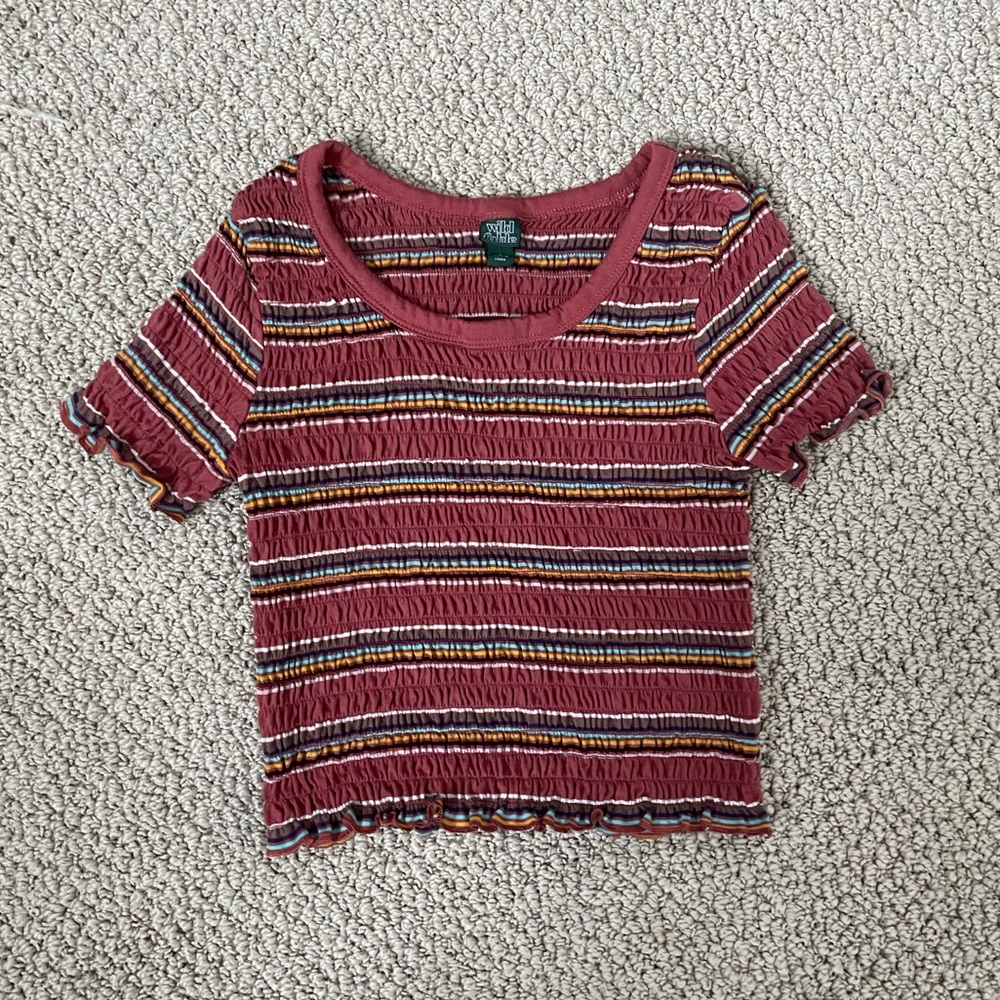 Smocked striped lettuce hem t-shirt